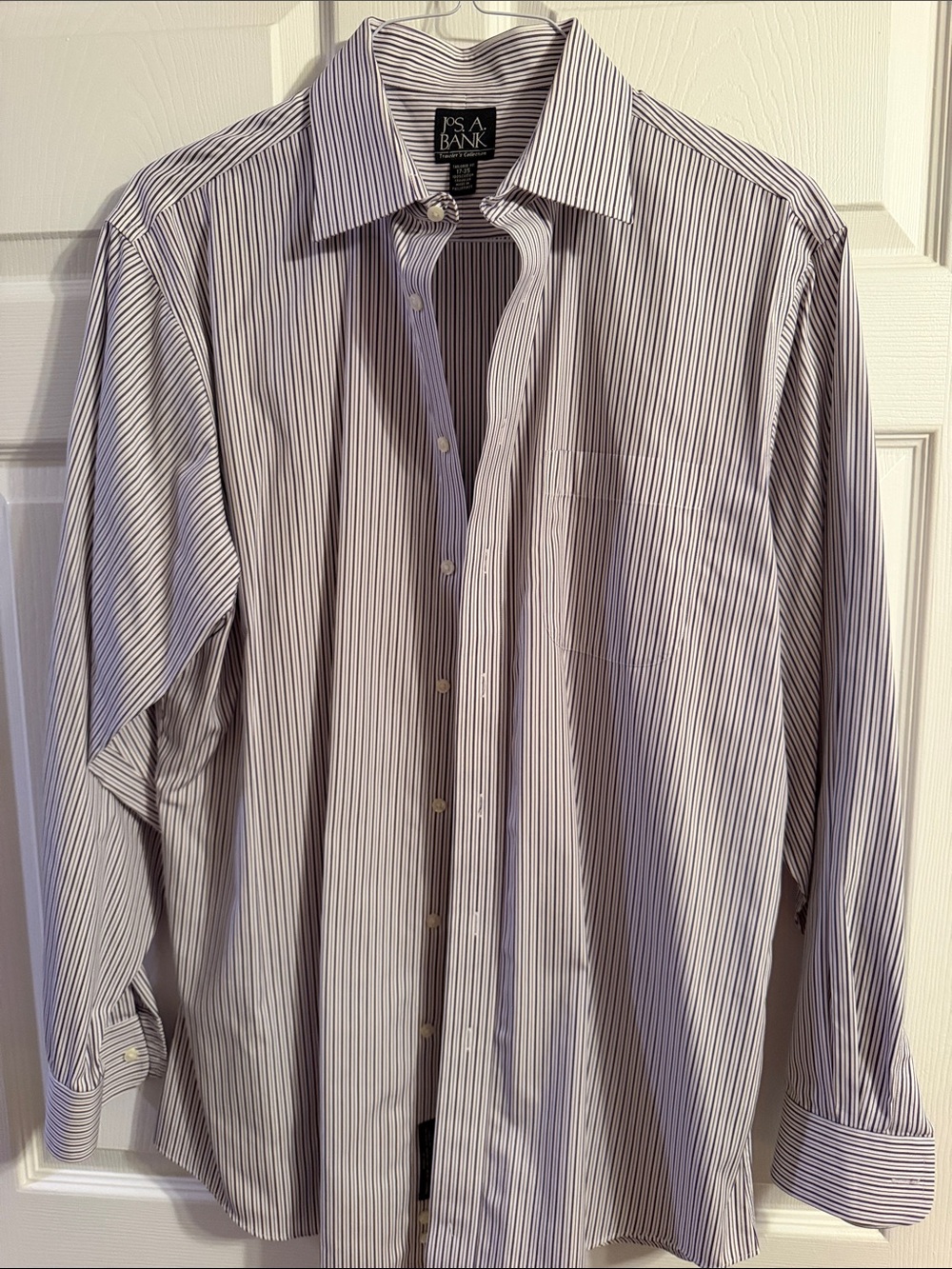 Jos. A. Bank Men's White Dress Shirt with Blue Pinstripes